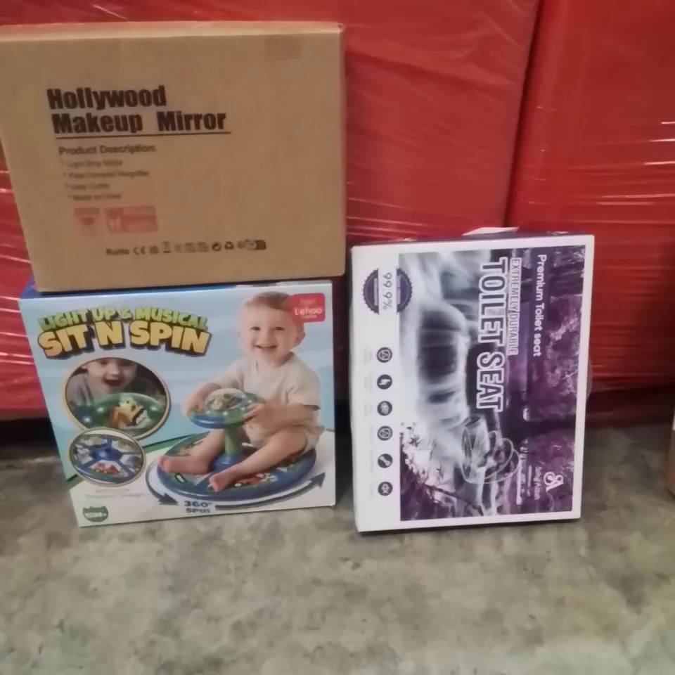 PALLET OF ASSORTED HOUSEHOLD GOODS AND PRODUCTS TO INCLUDE;TOILET SEAT,MAKEUP MIRROR,KIDS TOY