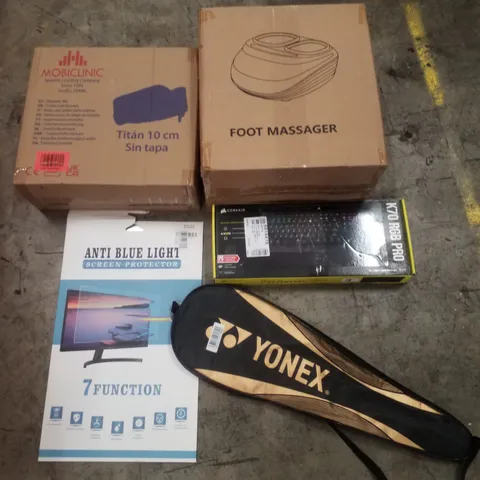 PALLET CONTAINING ASSORTED PRODUCTS INCLUDING FOOT MASSAGER, TOILET SEAT BOOSTER, BADMINTON RACKET, ANTI BLUE LIGHT SCREEN PROTECTOR & CORSAIR K70 RGB KEYBOARD