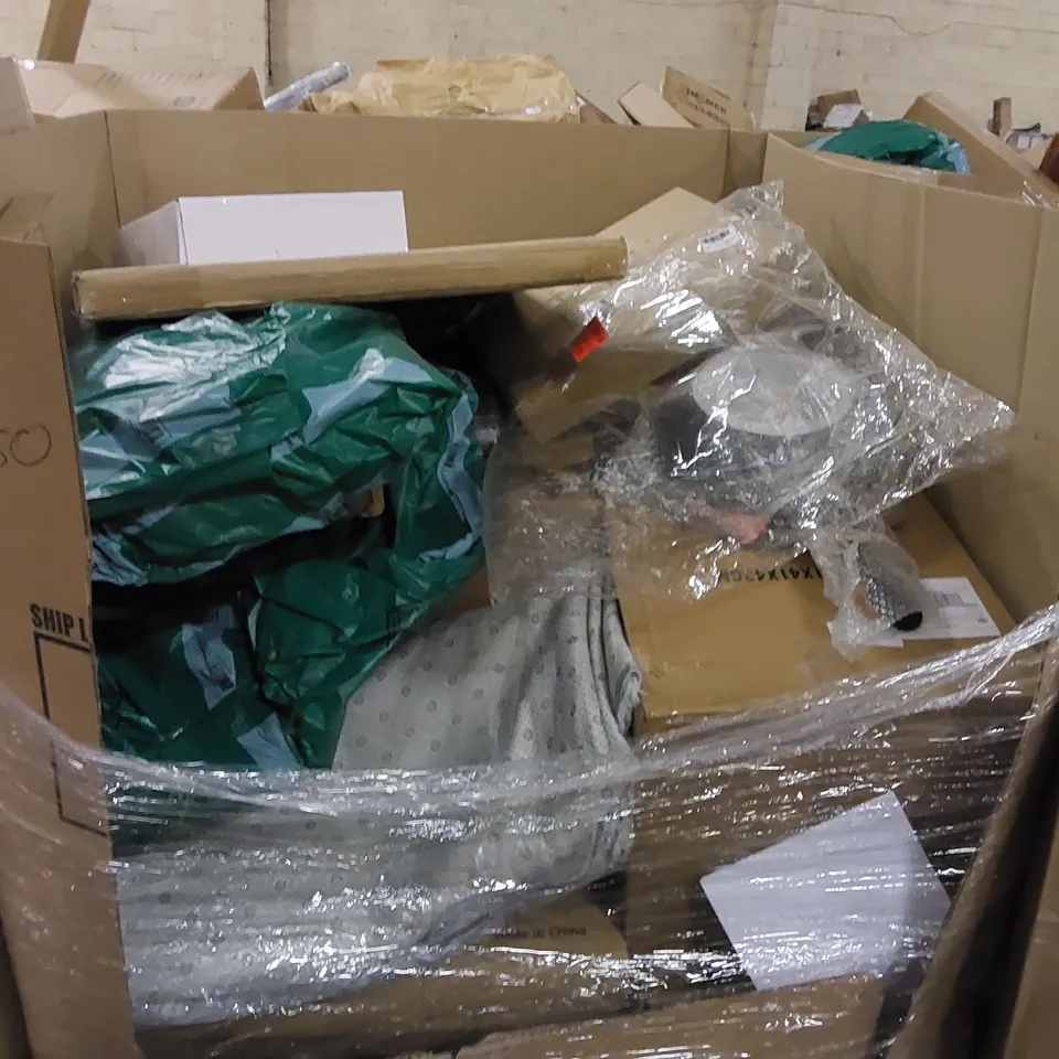 PALLET TO CONTAIN ASSORTED HOUSEHOLD ITEMS AND CONSUMER PRODUCTS. INCLUDING ELECTRICAL CONVECTOR HEATER, SNOW SLEDS, LUXURY PILLOW, PORTABLE WARDROBE, BED RUNNER, BOXED FURNITURE ETC