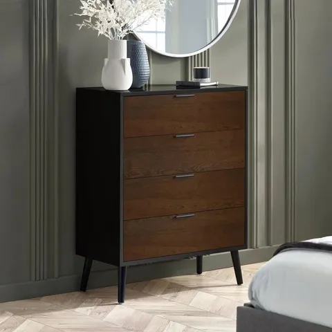 BOXED JULIAN BOWEN ALBA 4 DRAWER CHEST - WALNUT/BLACK (1 BOX)