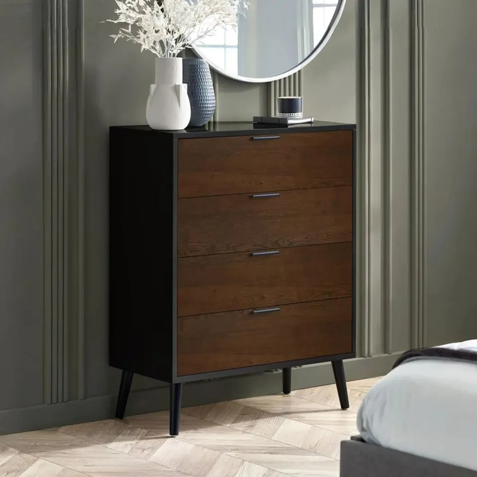 BOXED JULIAN BOWEN ALBA 4 DRAWER CHEST - WALNUT/BLACK (1 BOX)