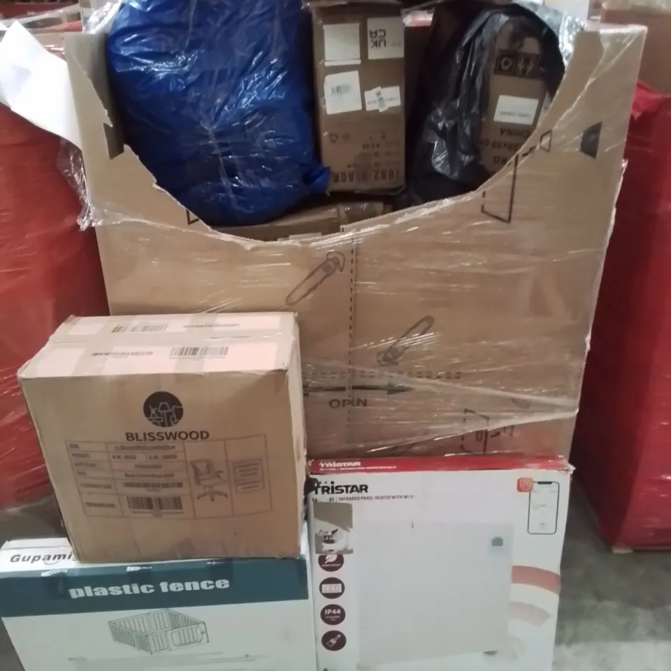 PALLET CONTAINING VARIOUS ASSORTED BOXED HOUSEHOLD ITEMS TO INCLUDE: PANEL HEATER,  OFFICE CHAIRS, PLASTIC FENCING AND LOTS MORE UNMARKED BOXED ITEMS 