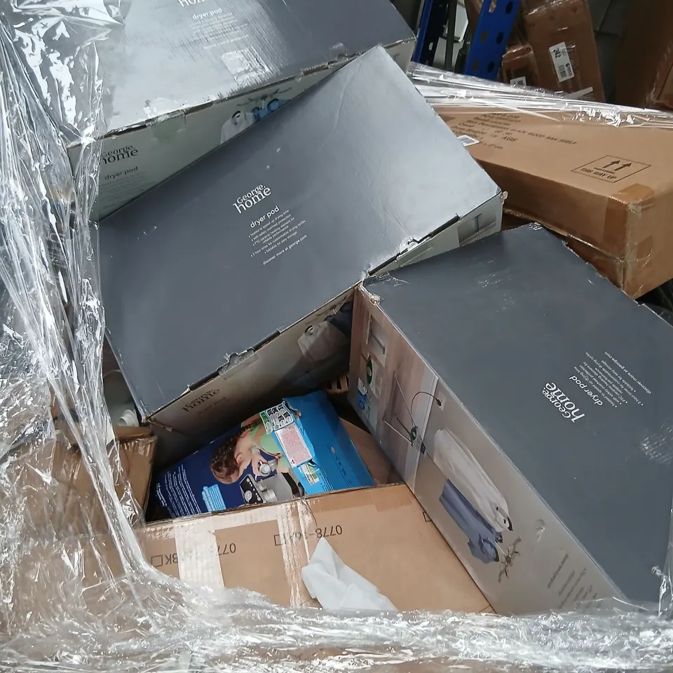 LARGE PALLET OF ASSORTED HOUSEHOLD PRODUCTS TO INCLUDE: DRYER POD, BLACK WOOD BAR SHELF, BALLOON TIME AND BOSCH TOASTER
