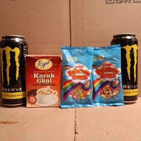APPROXIMATELY 10 ASSORTED FOOD AND DRINK ITEMS TO INCLUDE MONSTER, RAINBOW DROPS, INSTANT TEA, ETC