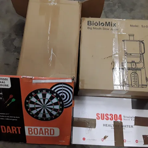 PALLET OF ASSORTED PRODUCTS INCLUDING DART BOARD, JUICER, TAPS, PRESSURE WASHER ECT