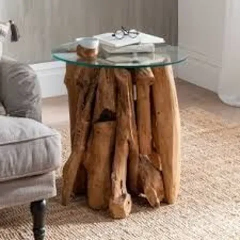 BOXED HOMESDIRECT365 TEAK ROOT GLASS TOP SIDE TABLE (2 ITEMS)