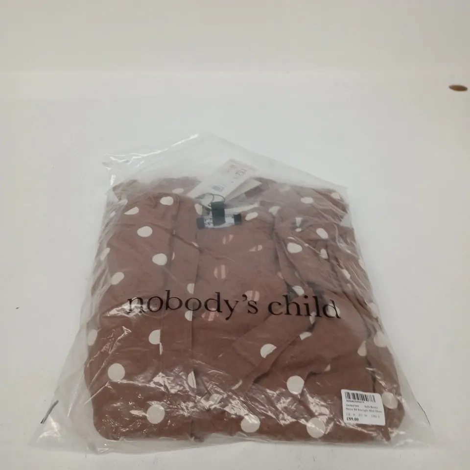 NOBODY'S CHILD PETITE SS STARLIGHT MIDI DRESS – SOFT BROWN WITH WHITE POLKA DOTS, UK 6 (EU 34, USA 2)
