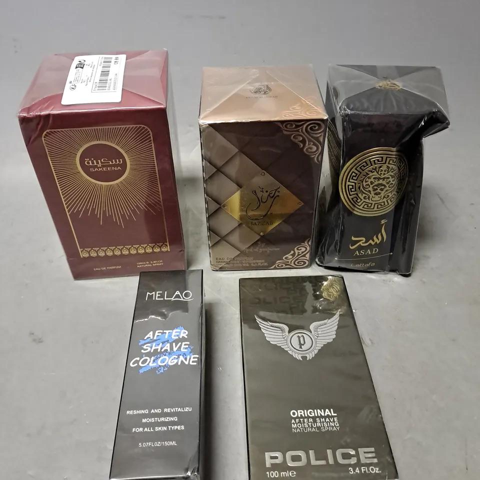 APPROXIMATELY 5 ASSORTED SEALED FRAGRANCES TO INCLUDE - JAZZAB - POLICE ORIGINAL AFTERSHAVE - SAKEENA - ETC