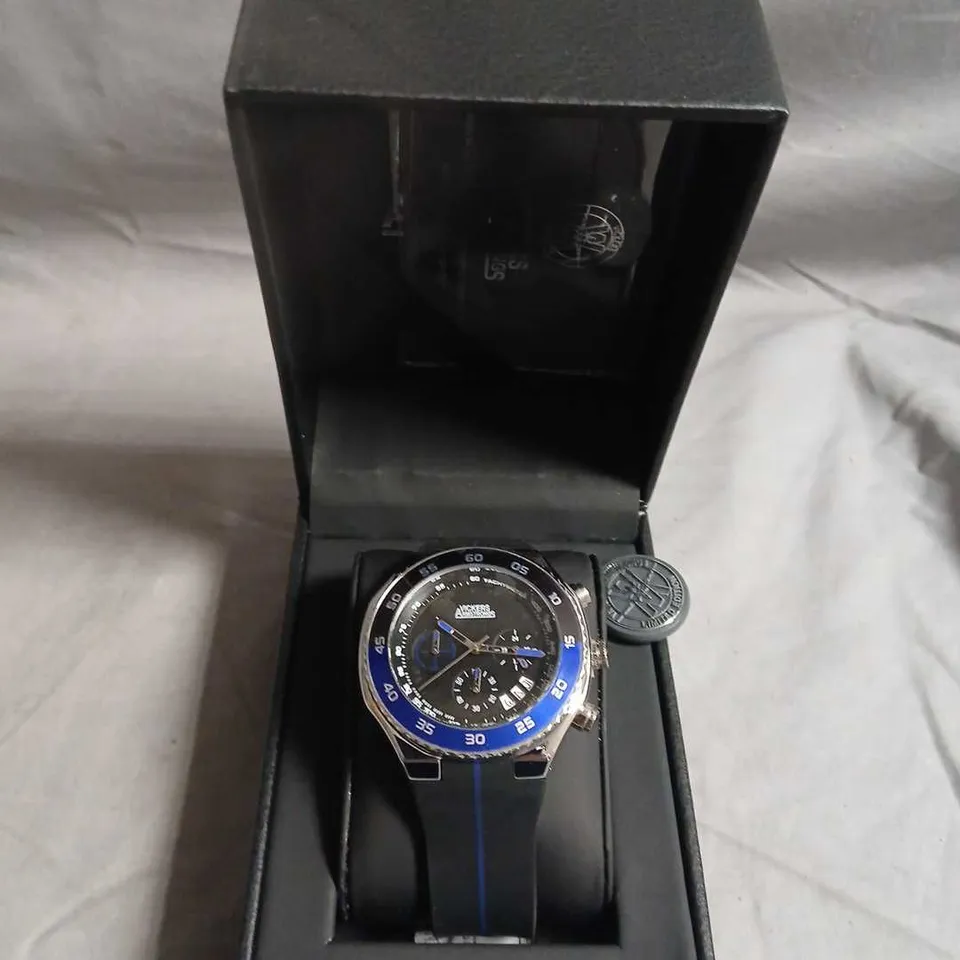 VICKERS ARMSTRONGS CHRONOGRAPH  LIMITED EDITION HAND-ASSEMBLED HARRIER QUARTZ– BLACK DIAL, BLUE BEZEL, BOXED
