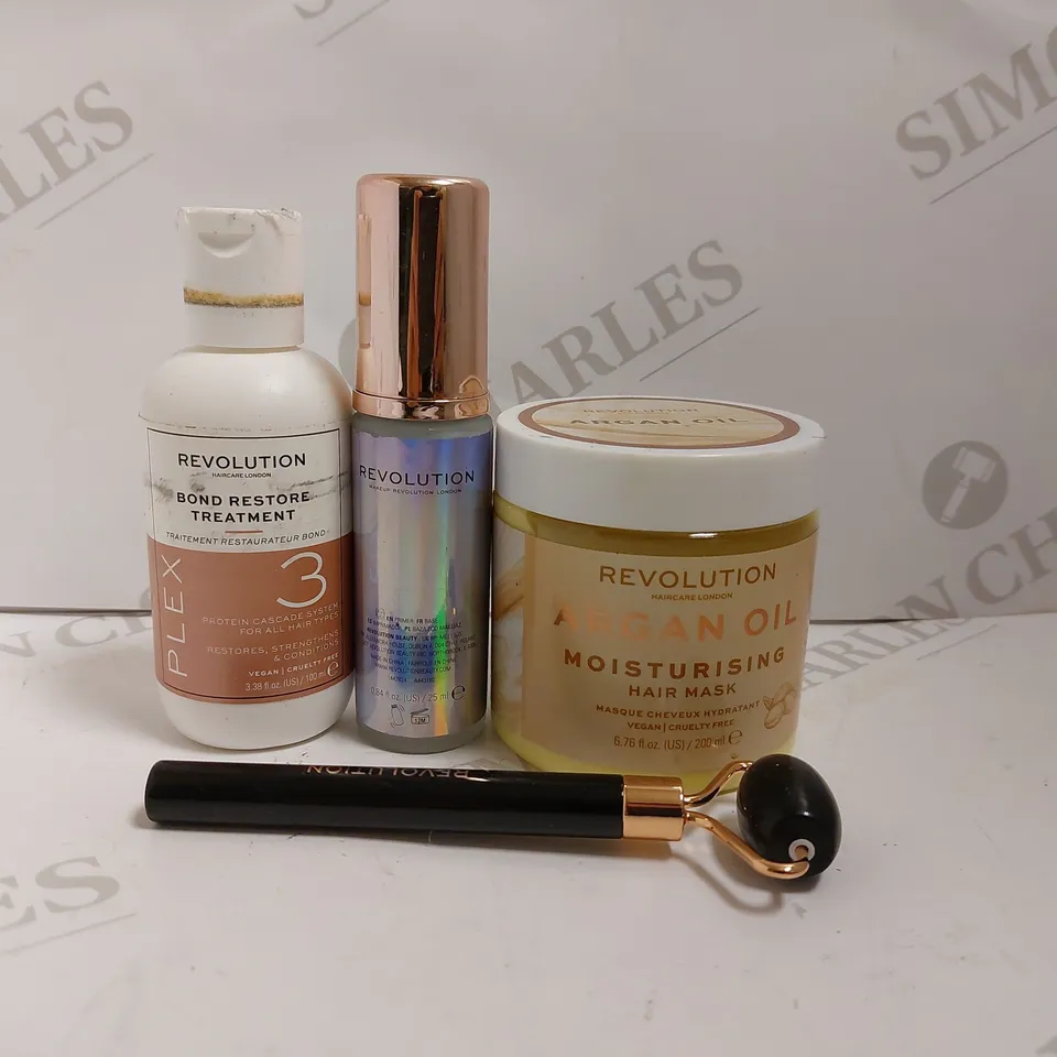 4 REVOLUTION ITEMS TO INCLUDE BOND RESTORE TREATMENT, ARGAN OIL HAIR MASK, ANTI BLUE LIGHT PRIMER