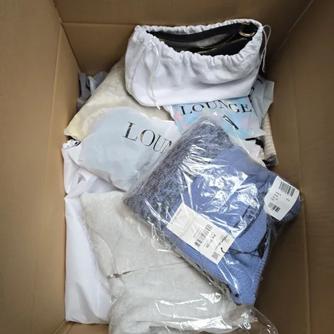 LARGE BOX OF APPROXIMATELY 20 ASSORTED CLOTHING ITEMS IN VARIOUS SIZES, STYLES AND COLOUR 