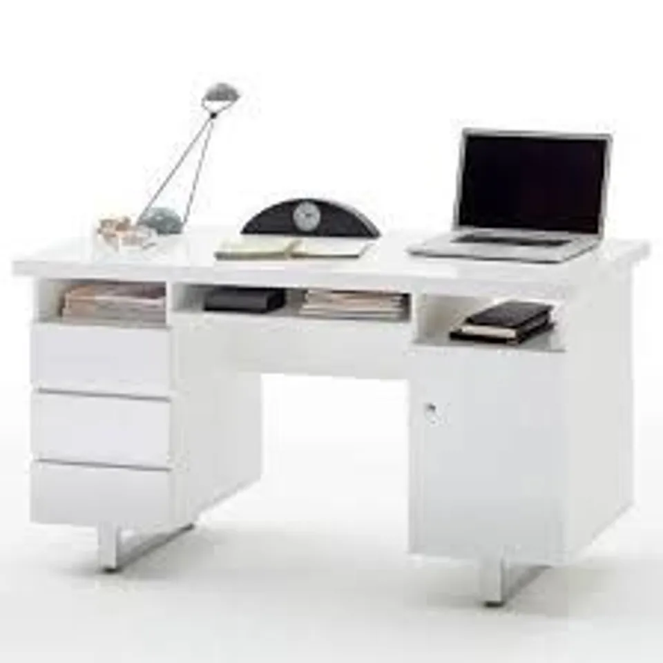 BOXED SYDNEY COMPUTER DESK IN HIGH WHITE GLOSS WITH 3 DRAWERS 