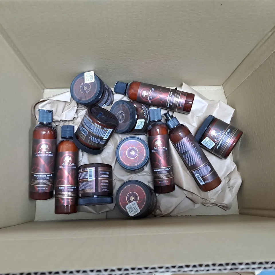BOX OF APPROXIMATELY 15 AS I AM HAIR CARE PRODUCTS TO INCLUDE MOISTURE MILK, INTENSIVE CONDITIONER AND HYDRATING LOTION