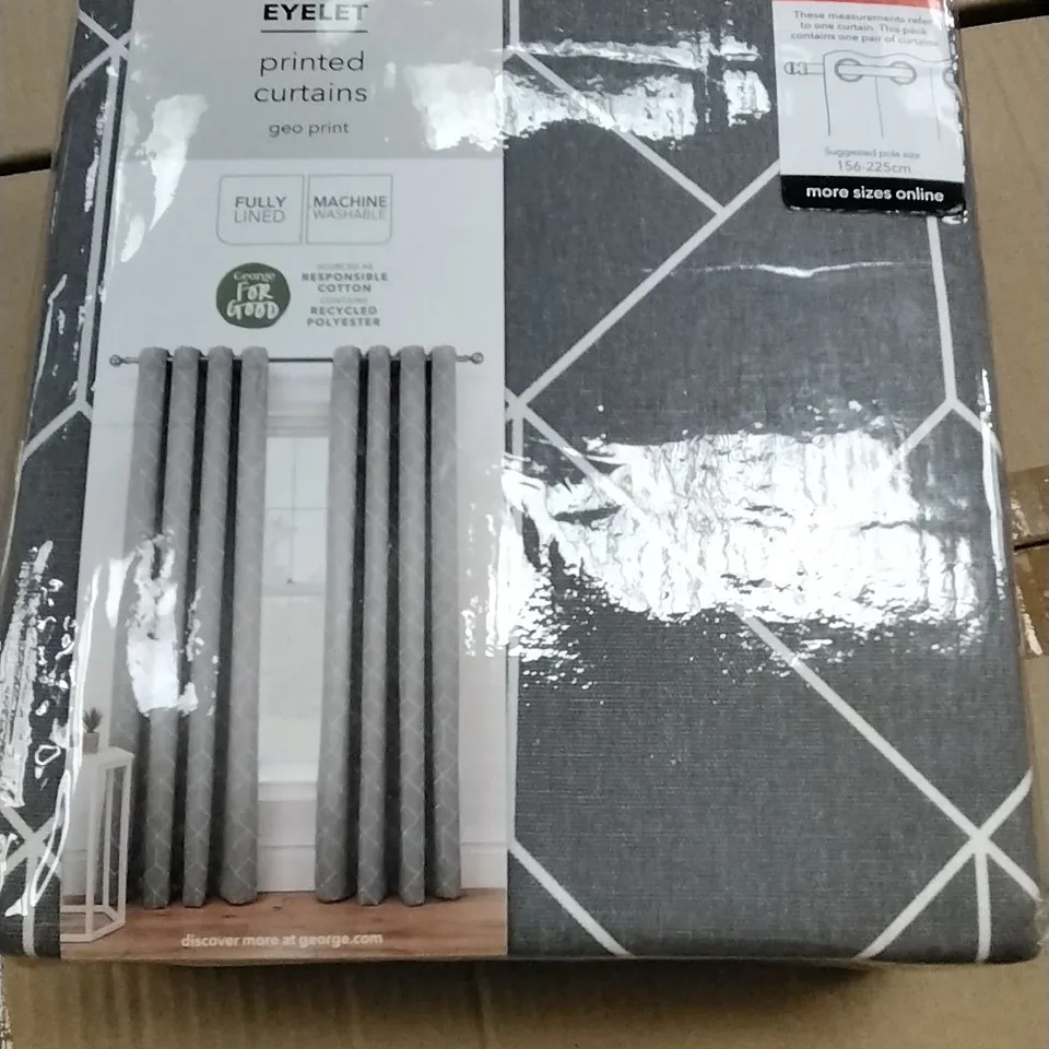 BOX OF 6 BRAND NEW EYELET PRINTED CURTAINS GEO PRINT GREY 168 X 228CM