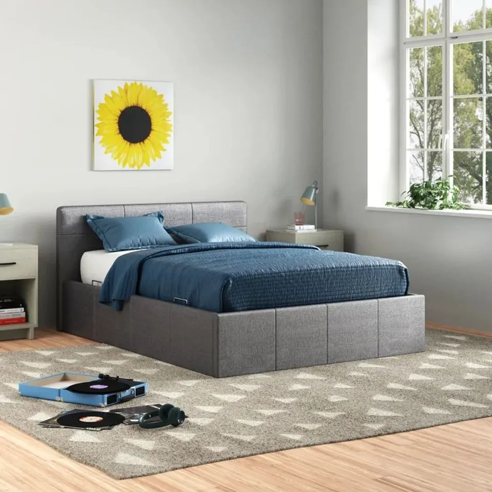 BOXED BAYVIEW UPHOLSTERED OTTOMAN DOUBLE BED GREY (2 BOXES)