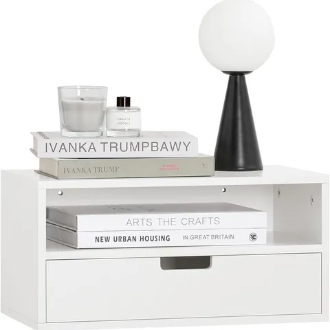 BOXED SOBUY FLOATING BEDSIDE TABLE – SPACE-SAVING WALL SHELF WITH DRAWER & OPEN SHELF, WALL-MOUNTED NIGHTSTAND FOR BEDROOM, W45 X D25 X H22CM, WHITE, NKD03-W
