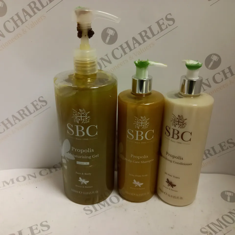 3 SBC PRODUCTS TO INCLUDE MOISTURISING GEL, CONDITIONER, SHAMPOO, ETC