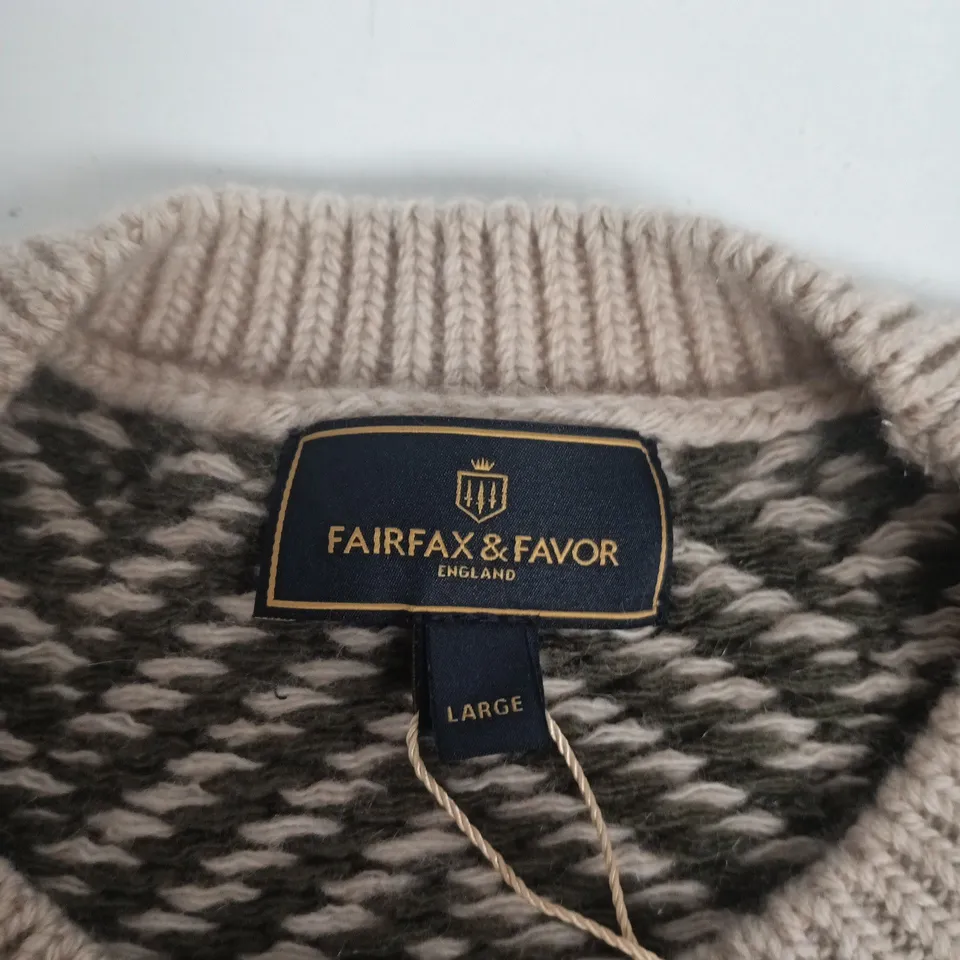 FAIRFAX & FAVOR KNIT SWEATER – LARGE, BEIGE/GREY HERRINGBONE