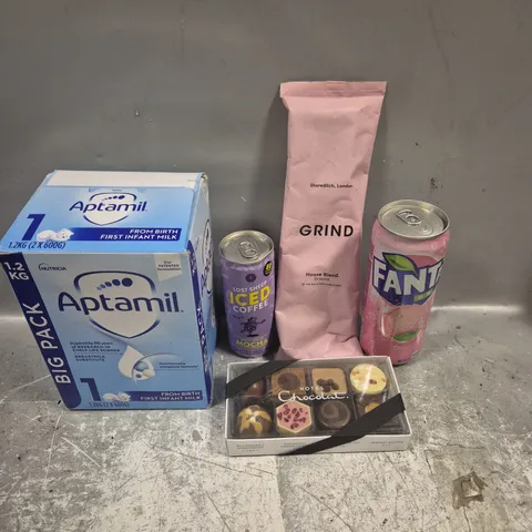 APPROXIMATELY 15 ASSORTED FOOD/DRINK PRODUCTS TO INCLUDE GRIND COFFEE, FANTA, APTAMIL ETC 