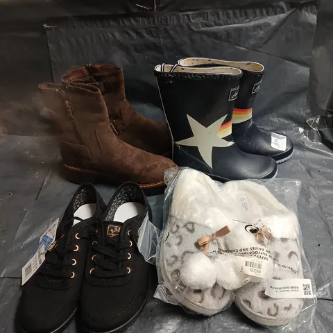 BOX OF APPROXIMATELY 15 ASSORTED PAIRS OF SHOES AND FOOTWEAR ITEMS IN VARIOUS COLOURS, STYLES, AND SIZES