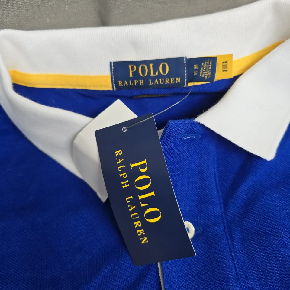 POLO RALPH LAUREN POLO SHIRT – ROYAL BLUE, COLOUR-BLOCK SLEEVES, MEN’S XL