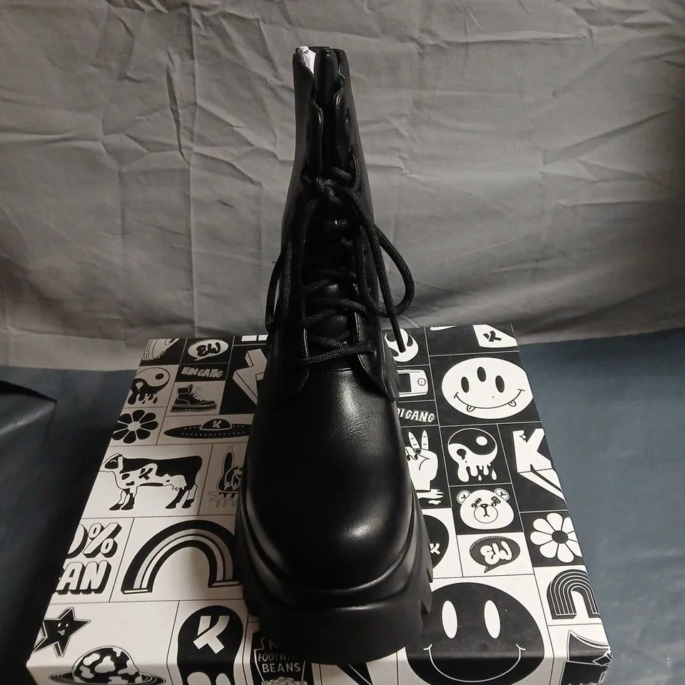 KOI RANCOR BLACK LEATHER LACE-UP ANKLE BOOTS WITH CHUNKY PLATFORM SOLE, UK 5 