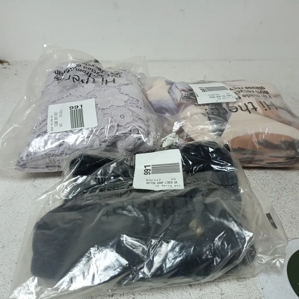 BOX OF APPROXIMATELY 20 ASSORTED CLOTHING ITEMS OF VARIOUS STYLES AND SIZES TO INCLUDE BUTTON DOWN LINEN DRESS, LILAC LACE DRESS, WIDE LEG TROUSERS ETC