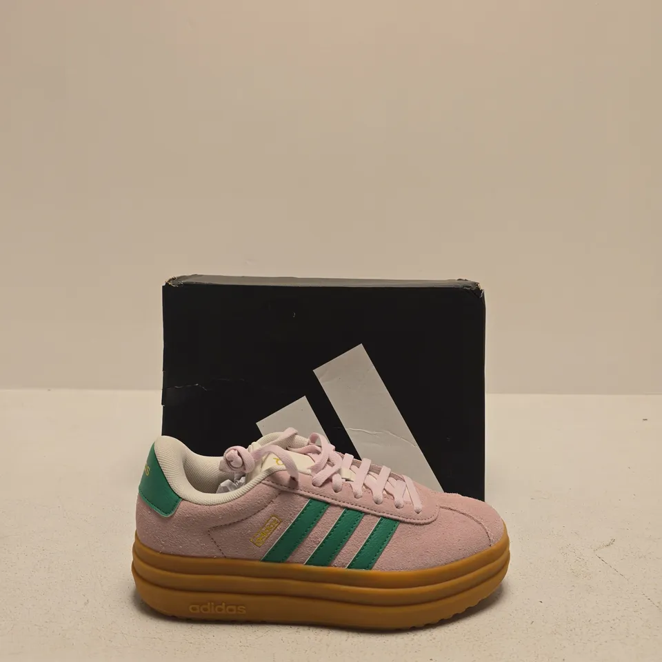 ADIDAS WOMEN'S PINK SUEDE TRAINERS WITH GREEN STRIPES – GUM SOLE SIZE UK 3.5