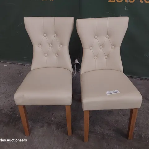 PAIR OF UPHOLSTERED BUTTONED BACK DINING CHAIRS BEIGE PU ON NATURAL WOOD LEGS 