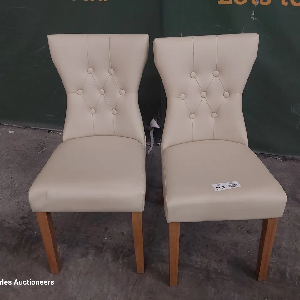PAIR OF UPHOLSTERED BUTTONED BACK DINING CHAIRS BEIGE PU ON NATURAL WOOD LEGS 