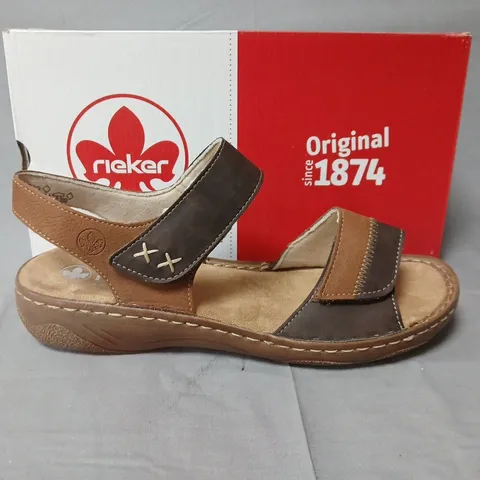 BOXED REIKER BROWN LEATHER LOOK SANDALS - UK 7.5