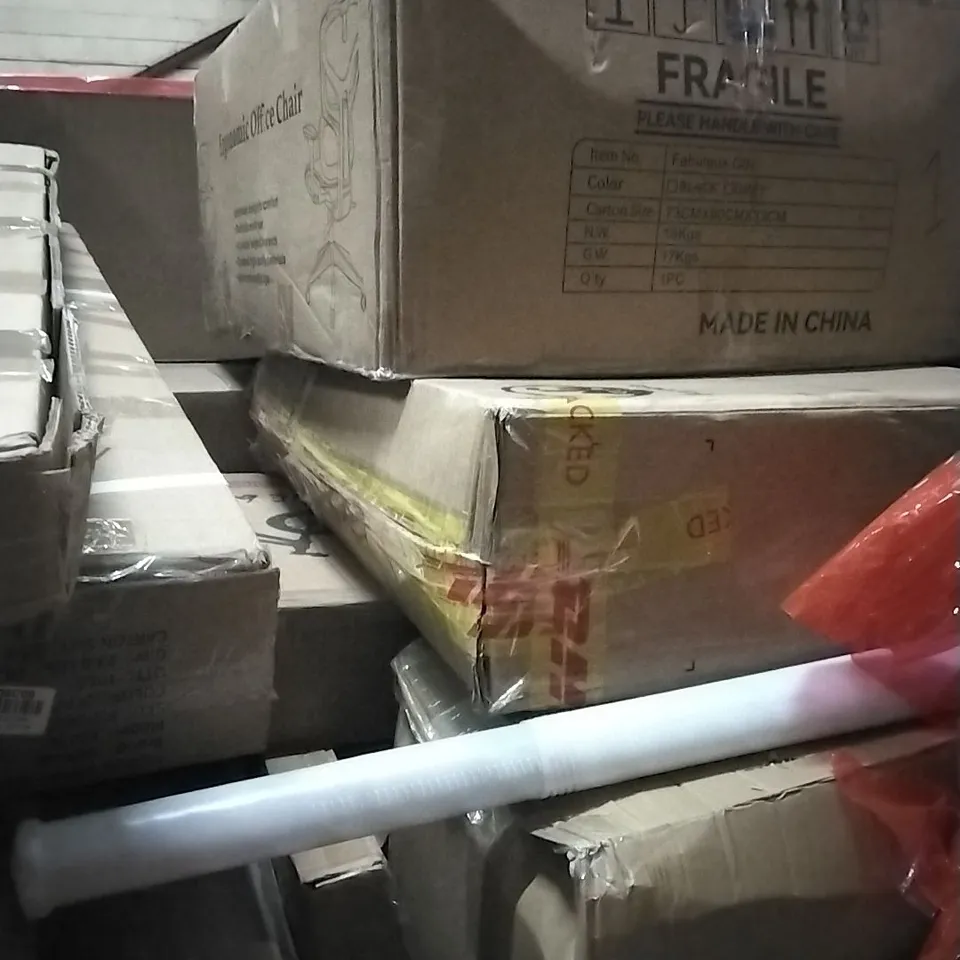 PALLET OF HOUSEHOLD ITEMS TO INCLUDE ERGONOMIC MESH CHAIR, DRESSER, LITTER BOX,BALANCE BIKE AND OTHER ASSORTED ITEMS...