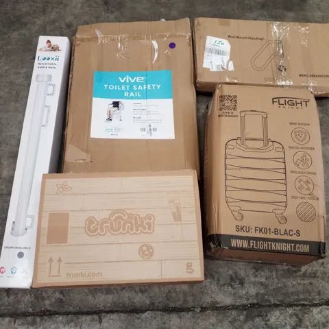PALLET OF ASSORTED PRODUCTS INCLUDING RETRACTABLE SAFETY GATE, TOILET SAFETY RAIL, TRUNKI SUITCASE, WALL MOUNTED HANDRAIL