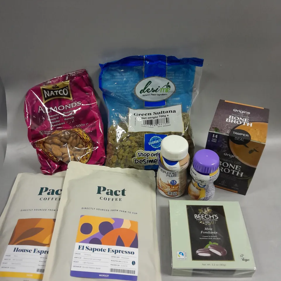 APPROXIMATELY 15 ASSORTED FOOD/DRINK PRODUCTS TO INCLUDE ORIGINS BONE BROTH, NATCO ALMONDS, PACT COFFEE ETC 