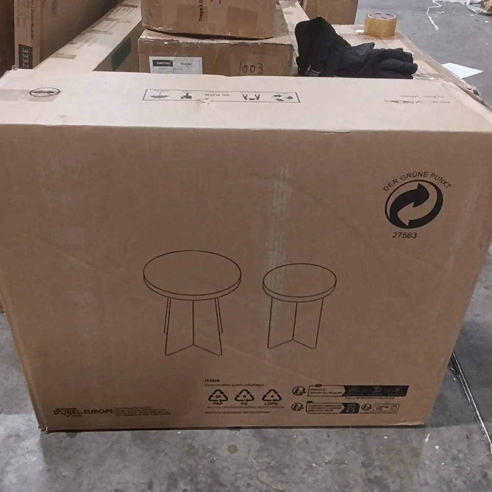 BOXED DOREL LIAM CREAM ROUND PLASTER END TABLES SET OF 2 (1 BOX)