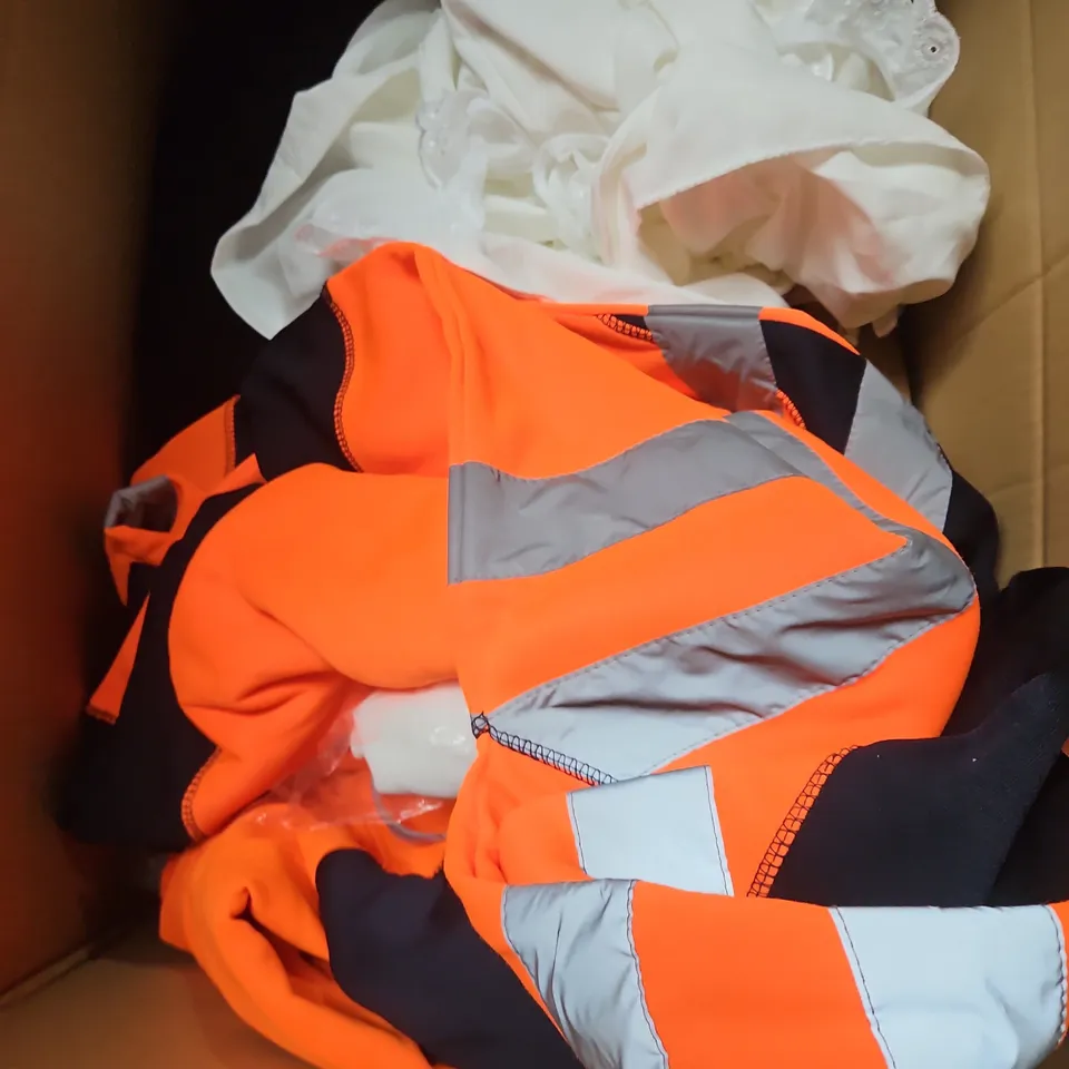 BOX OF APPROXIMATELY 20 ASSORTED CLOTHING ITEMS TO INCLUDE DRESS, SOCKS, BAG, ETC