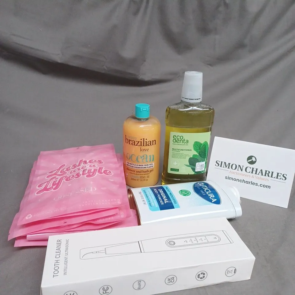 TOTE OF ASSORTED COSMETIC ITEMS TOO INCLUDE , TOOTH CLEANERS , BODY POWDER , ETC 