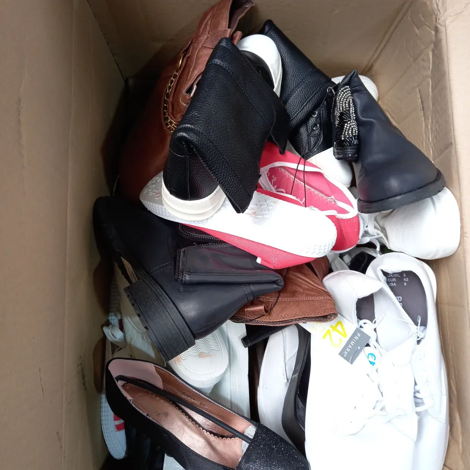 BOX OF APPROX 10 PAIRS OF ASSORTED WOMENS SHOES IN VARIOUS COLOURS, STYLES AND SIZES