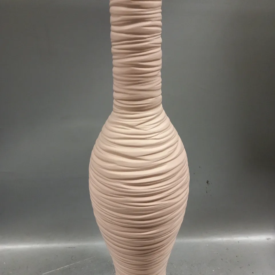 BOXED TALL RIBBED EFFECT VASE IN BABY PINK APPROX 60X16CM