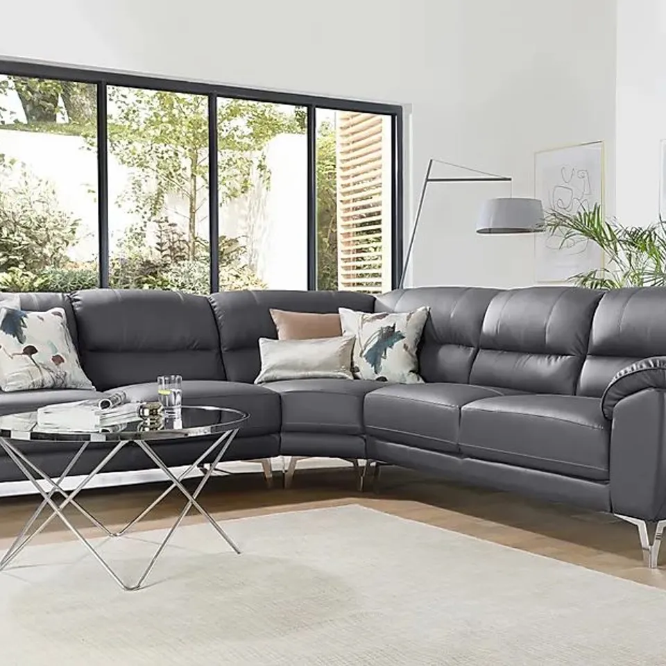 BOXED DESIGNER MADRID GREY LEATHER WEDGE CORNER SOFA (3 OF 3 BOXES, COMPLETE)