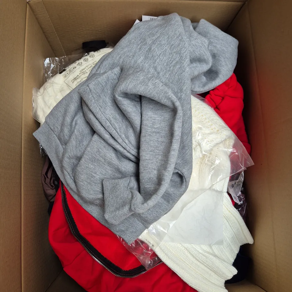 LARGE BOX OF ASSORTED CLOTHING ITEMS IN VARIOUS SIZES, STYLES AND COLOUR - COLLECTION ONLY