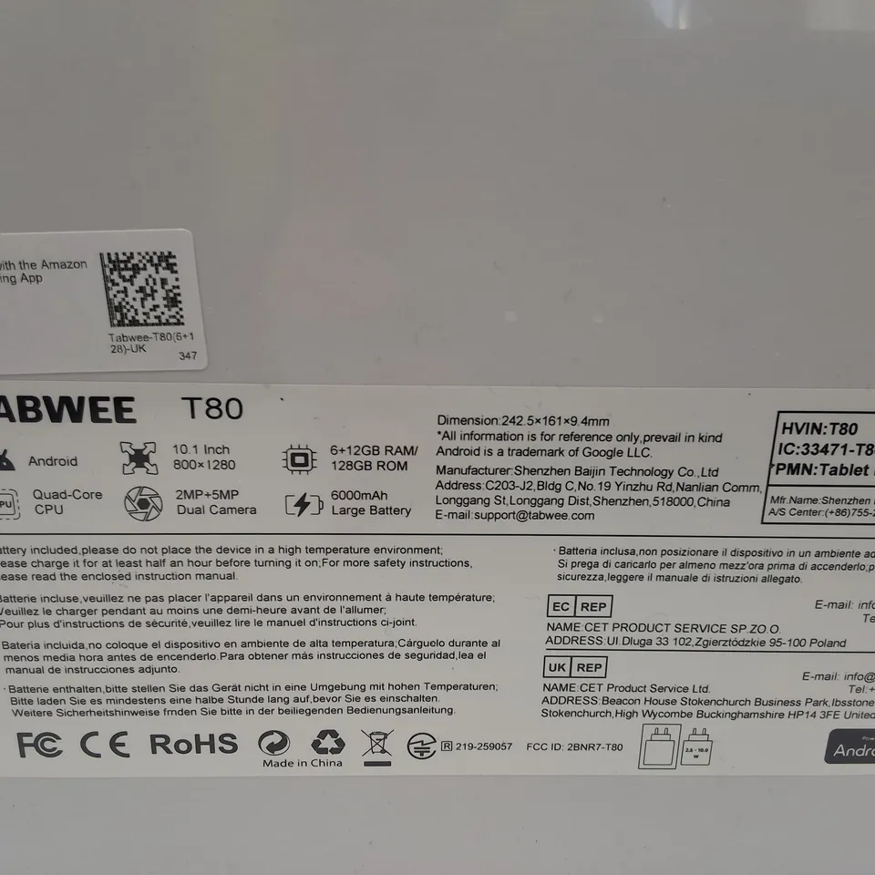 SEALED TABWEE T80 10.1" ANDROID TABLET