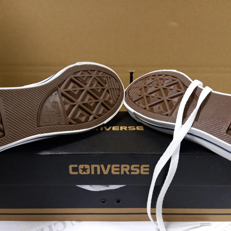 BOXED PAIR OF CONVERSE ALL STAR WHITE/LOGO TRAINERS -  SIZE 4
