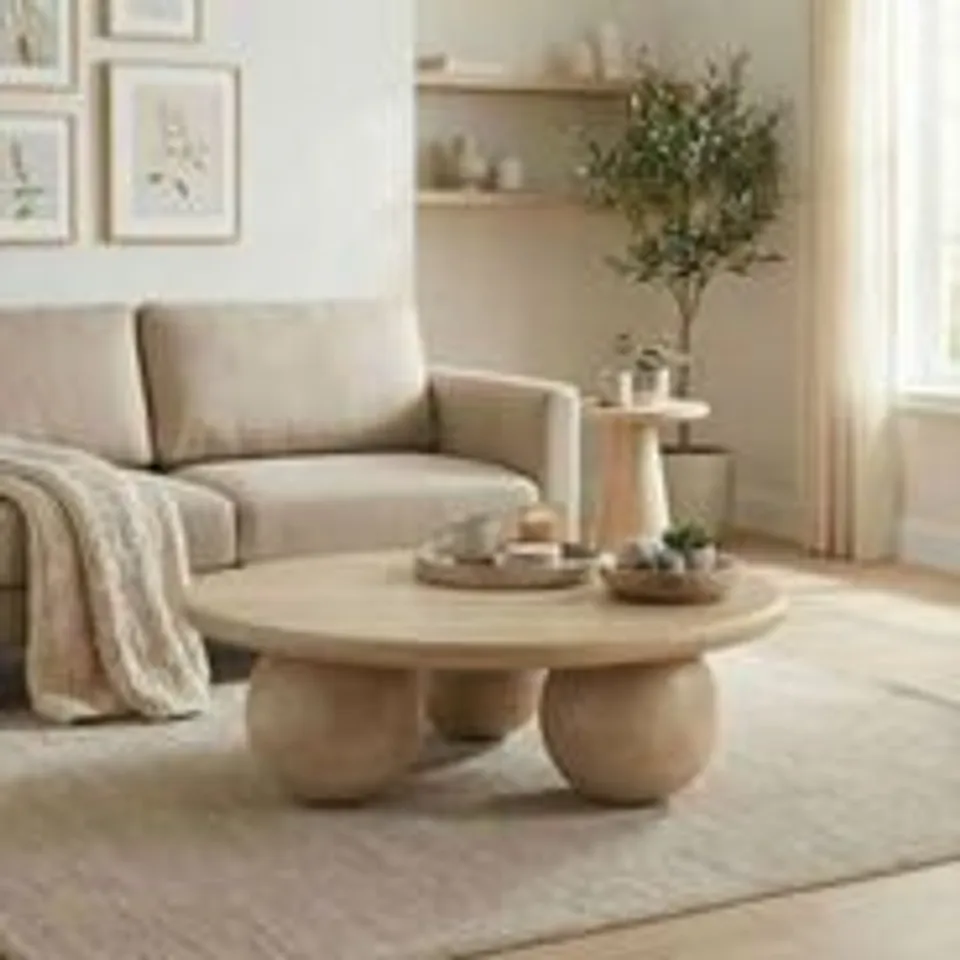 BOXED OLYMPUS ROUND WHITE OAK WOOD SPHERE LEG COFFEE TABLE