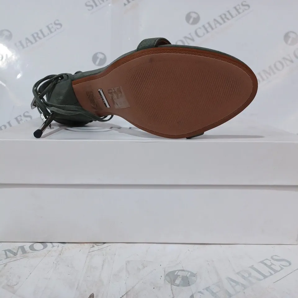 BOXED PAIR OF REISS ZHANE STRAPPY SUEDE HEELS IN GREEN SIZE 6