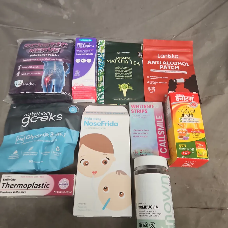 APPROXIMATELY 10 ASSORTED ITEMS TO INCLUDE NOSEFRIDA , ANTI ALCOHOL PATCH AND NUTRITION GEEKS