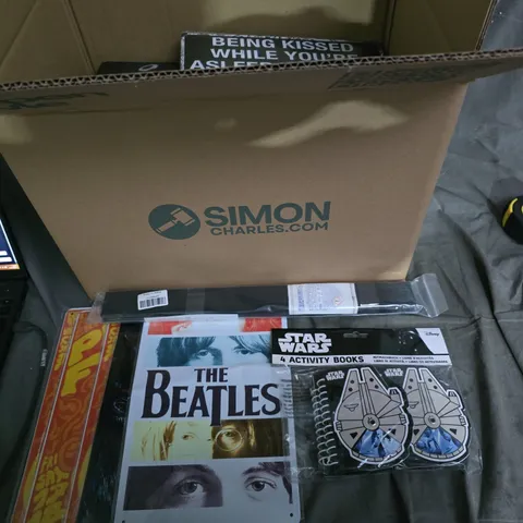 APPROXIMATLEY 15 ITEMS OF THE BEATLES POSTER, BEING KISSED POSTER & STAR WARS ACTIVITY BOOKS – ASSORTED POSTERS & BOOKS AND VARIOUS HOUSEHOLD ITEMS .