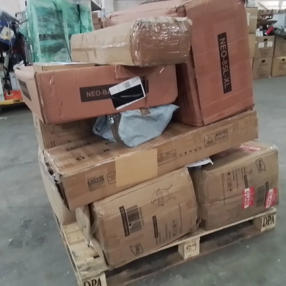 PALLET OF ASSORTED HOUSEHOLD GOODS AND PRODUCTS TO INCLUDE;AIR COOLER,WHEEL BARROW,TUBE TENT