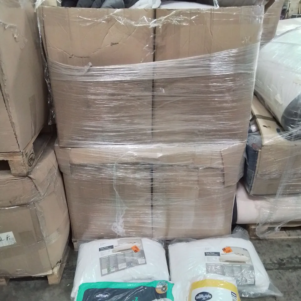 PALLET CONTAINING VARIOUS PILLOWS, DUVET AND BEDDING SOFT FURNISHINGS ETC.
