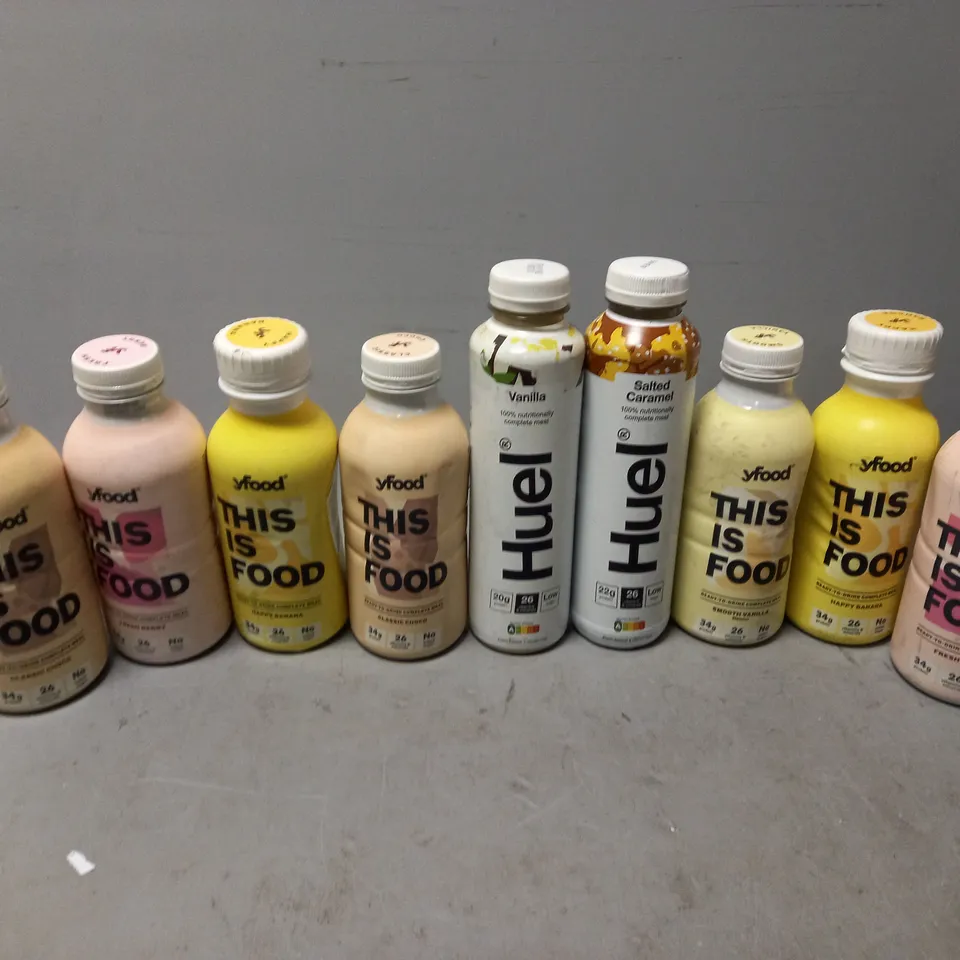 9 NUTRITION MEAL DRINKS TO INCLUDE HUEL AND YFOOD IN CHOCO, VANILLA, AND FRESH BERRY ETC. 